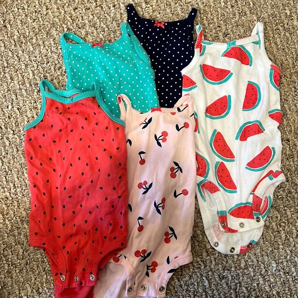 CARTERS 6M SET OF 5 SNAP CLOSURE TANKS - POLKA DOTS, CHERRIES, and WATERMELON - Picture 1 of 6